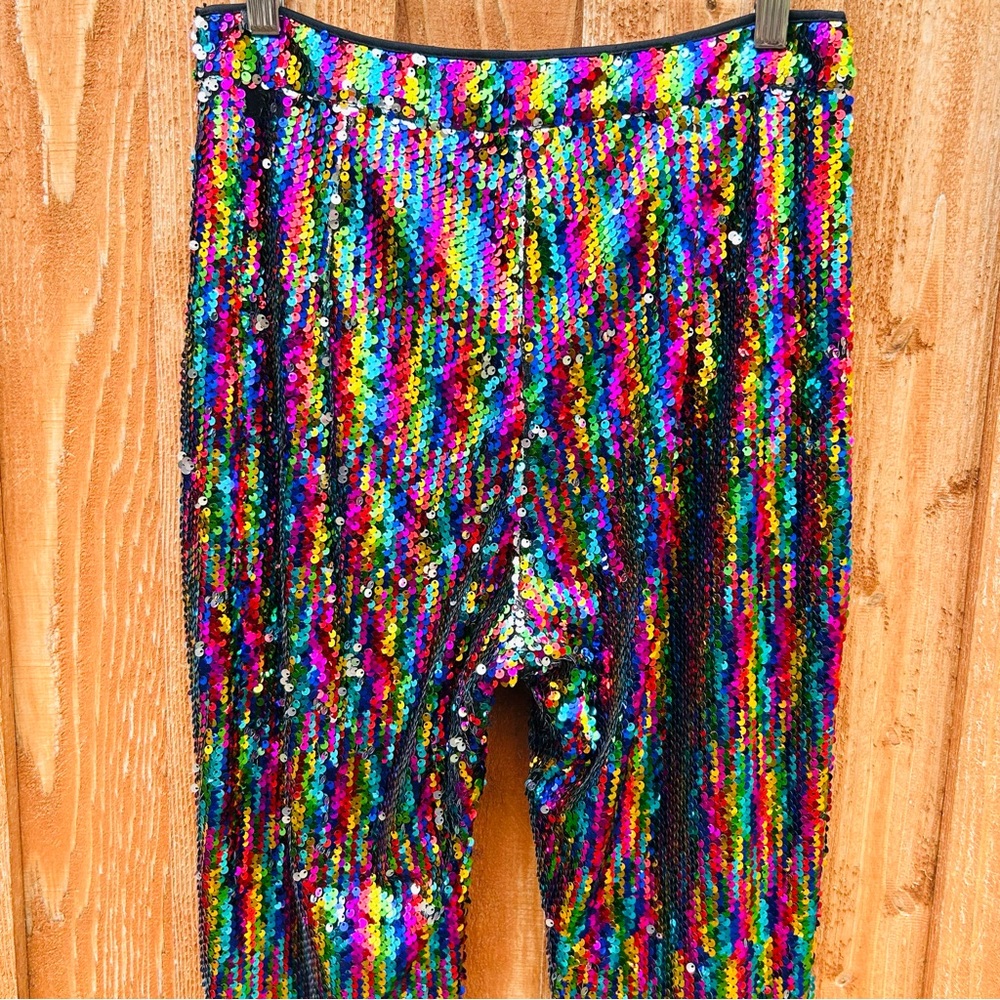 SUGARLIPS Rainbow Sequin Wide Leg Flare Pants Party Shimmer Glitter Size S - Picture 2 of 8